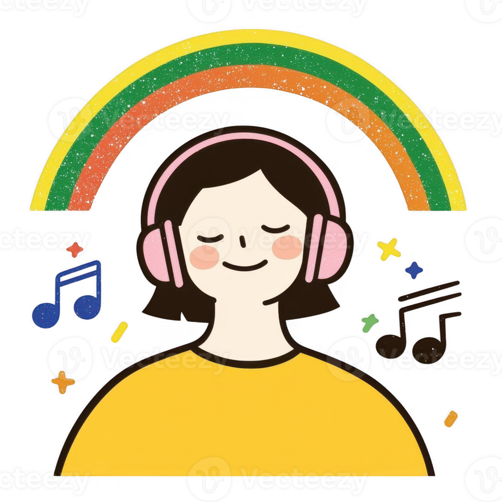 A joyful individual wearing headphones, immersed in music, with colorful notes and a vibrant rainbow in the background, representing happiness and positive vibes. png