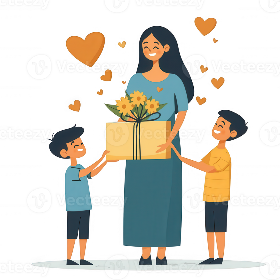 A joyful scene of a mother receiving gifts from her two children, symbolizing love and appreciation, with hearts and flowers enhancing the warmth of the moment. png
