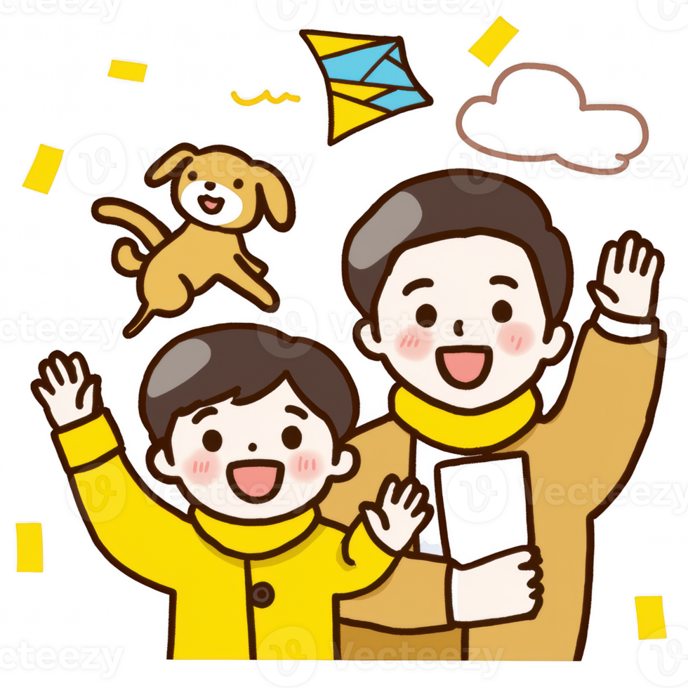 A joyful scene of two children waving happily, accompanied by a playful dog and a colorful kite in the sky. A perfect representation of family fun and outdoor activities. png