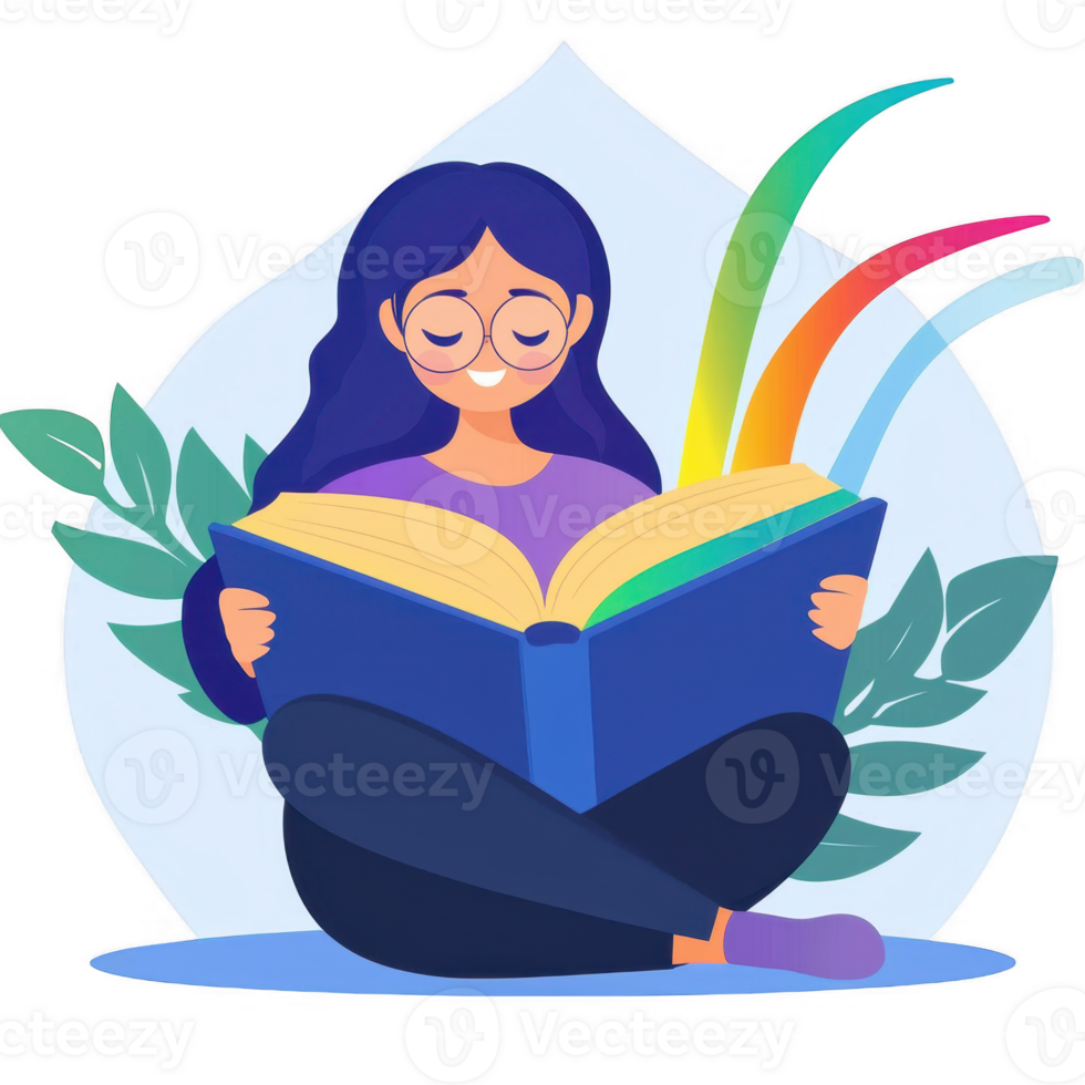 A joyful young woman reading a book, surrounded by colorful elements and leaves, embodying relaxation and imagination. png