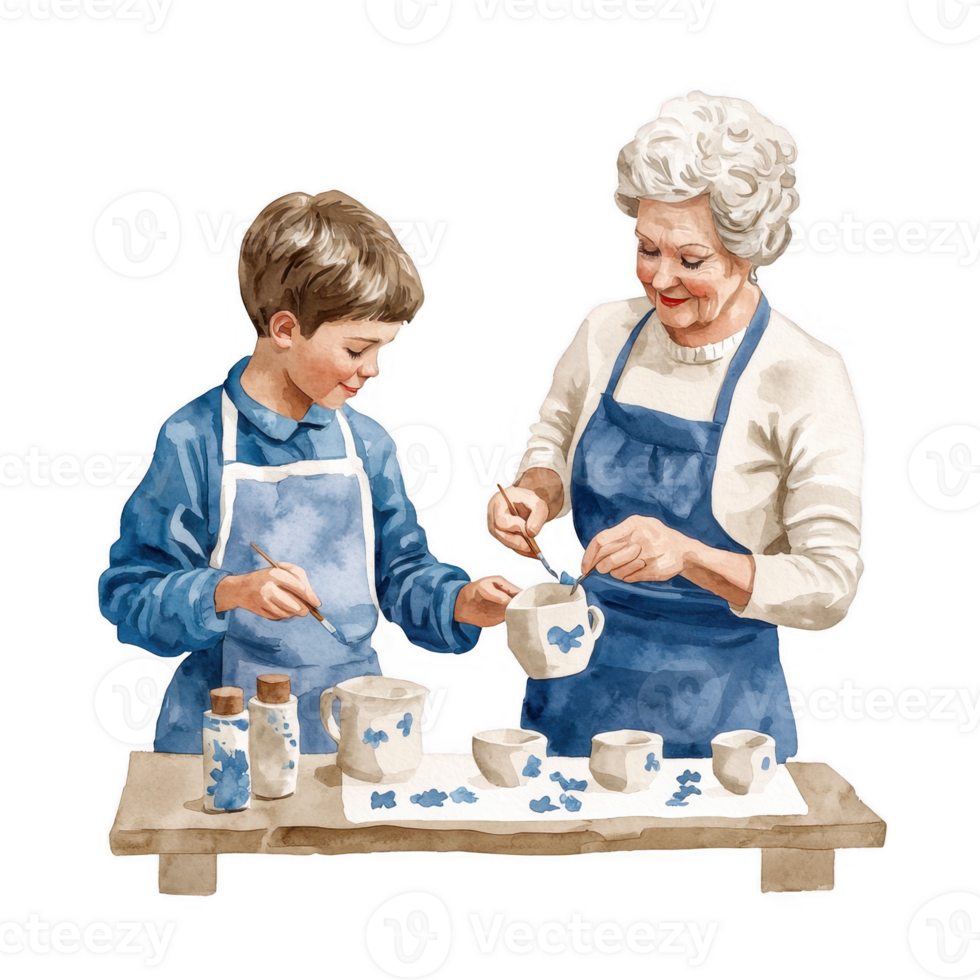 A joyful scene of a child and grandparent creating beautiful painted mugs together, showcasing a bonding moment filled with creativity and love. png