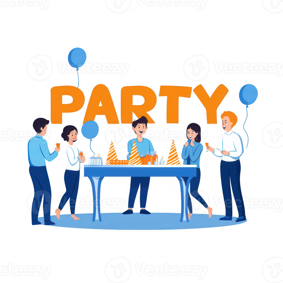 A lively party scene featuring guests enjoying snacks and drinks while celebrating with balloons and decorations, showcasing joy and camaraderie in a festive atmosphere. png
