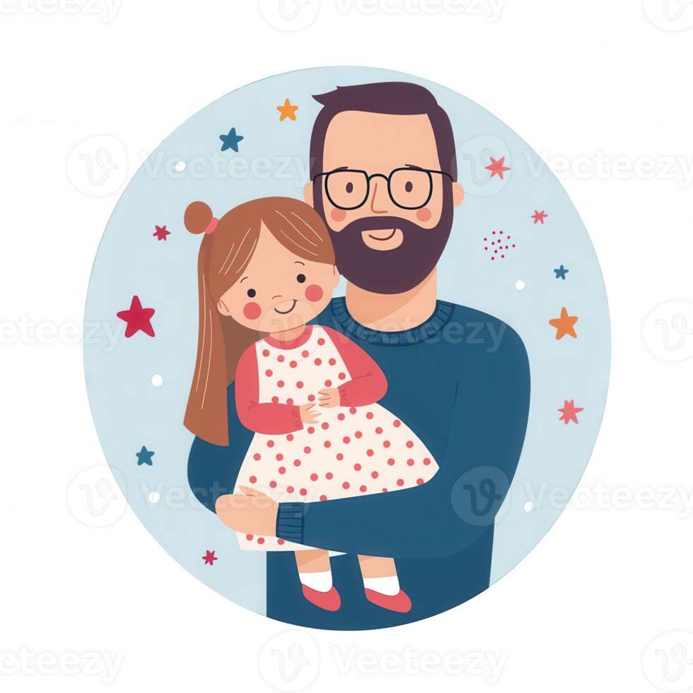 A loving father happily holding his smiling daughter, surrounded by colorful stars and a playful background, capturing a sweet family moment. png