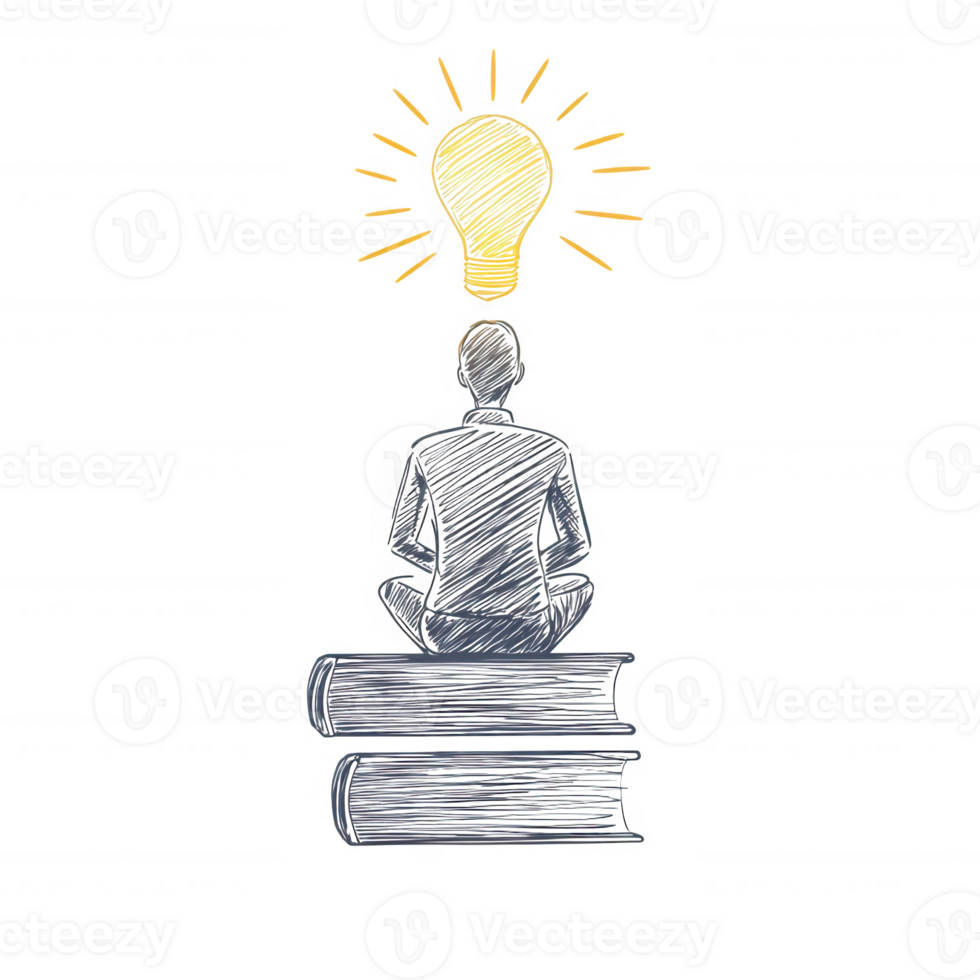 A minimalistic illustration of a person meditating on books, symbolizing knowledge and enlightenment with a light bulb shining above their head. png