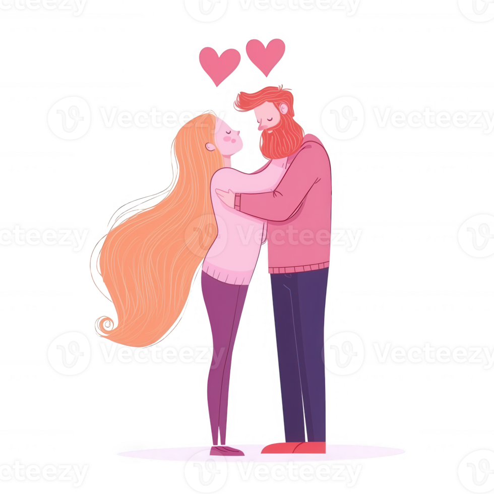 A romantic illustration of a couple embracing, featuring a woman with long hair and a man with a beard, surrounded by hearts. Perfect for expressing love and affection. png