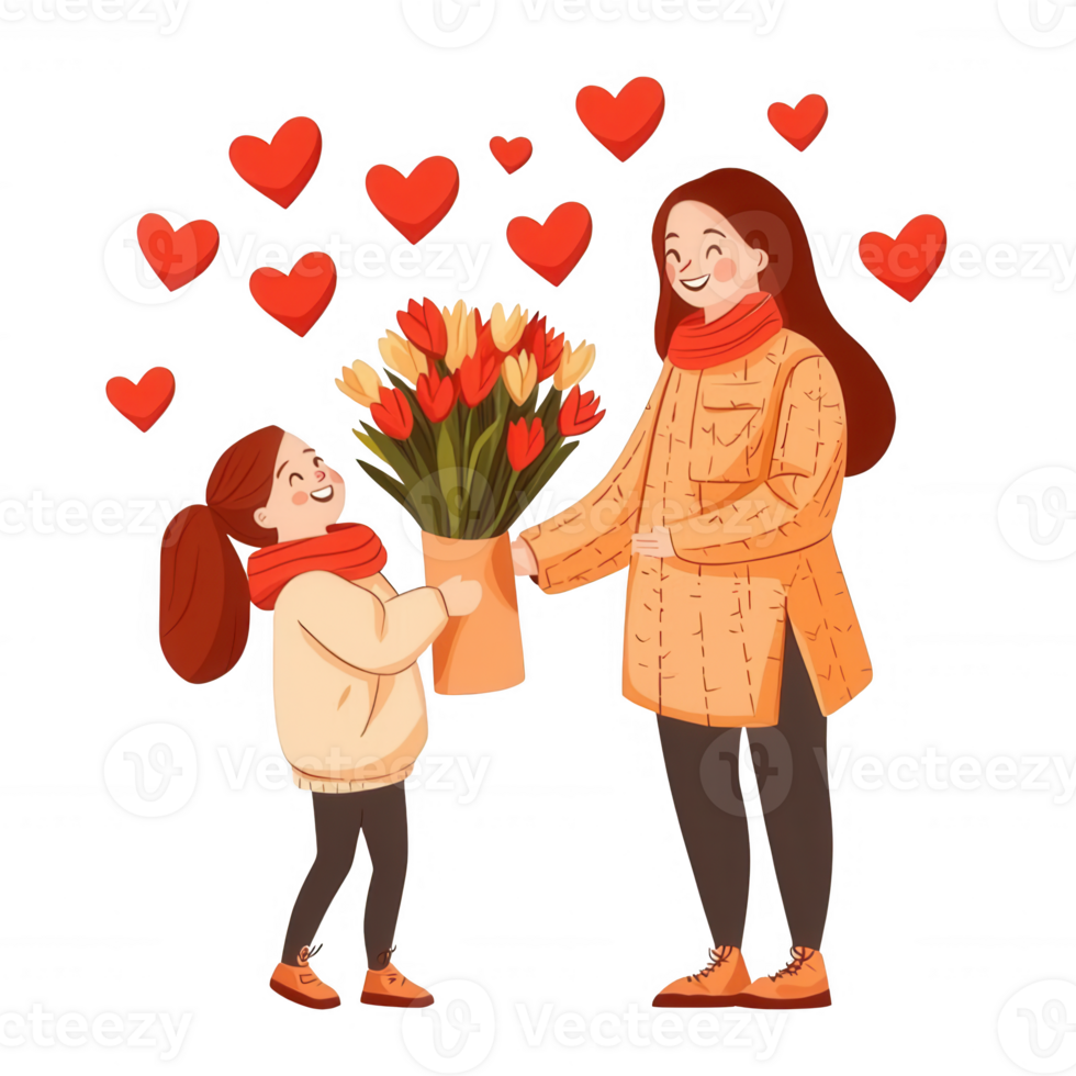 A mother and daughter joyfully exchanging a bouquet of colorful tulips. The background is filled with hearts, symbolizing love and affection. A warm, heartwarming moment captured. png