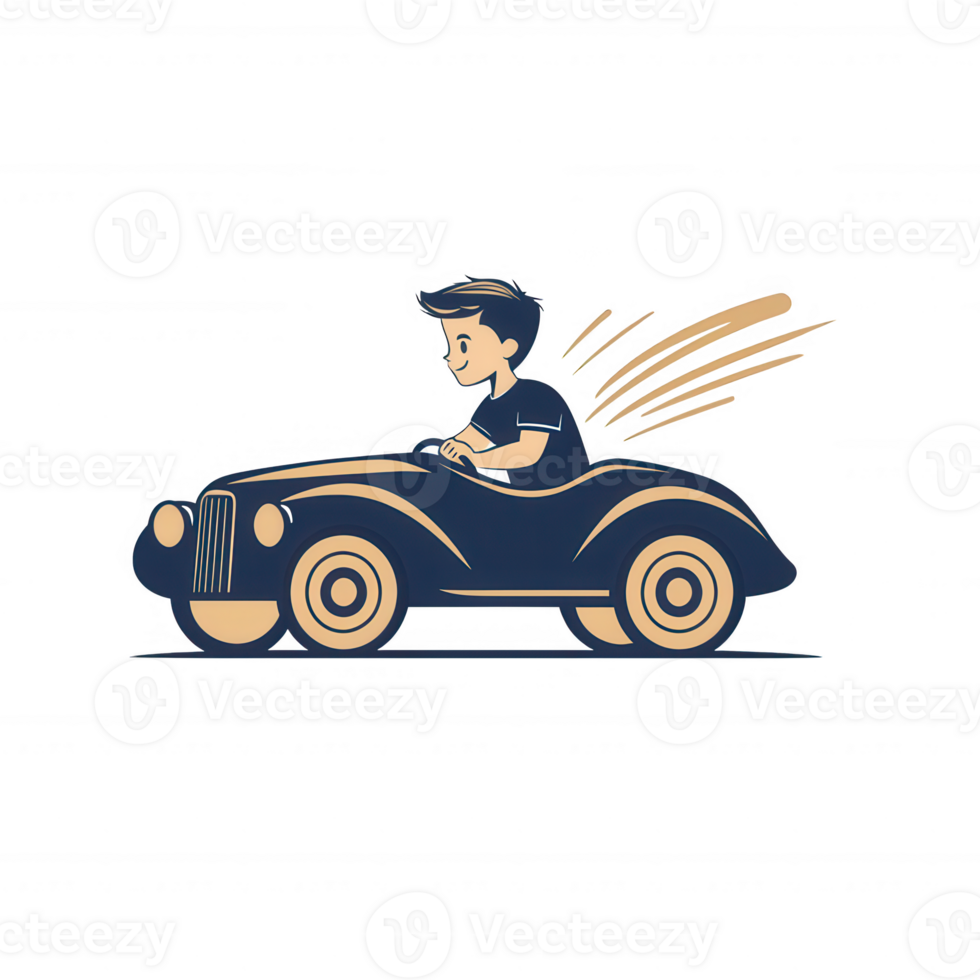 A playful illustration of a boy driving a vintage car with cheerful enthusiasm, showcasing the joy of childhood and adventure. png