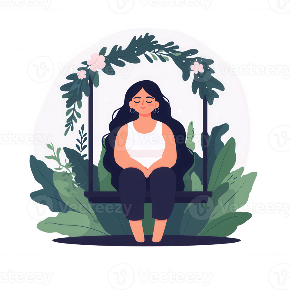 A serene illustration of a woman sitting on a swing surrounded by lush greenery and flowers, embodying a sense of calmness and introspection. png