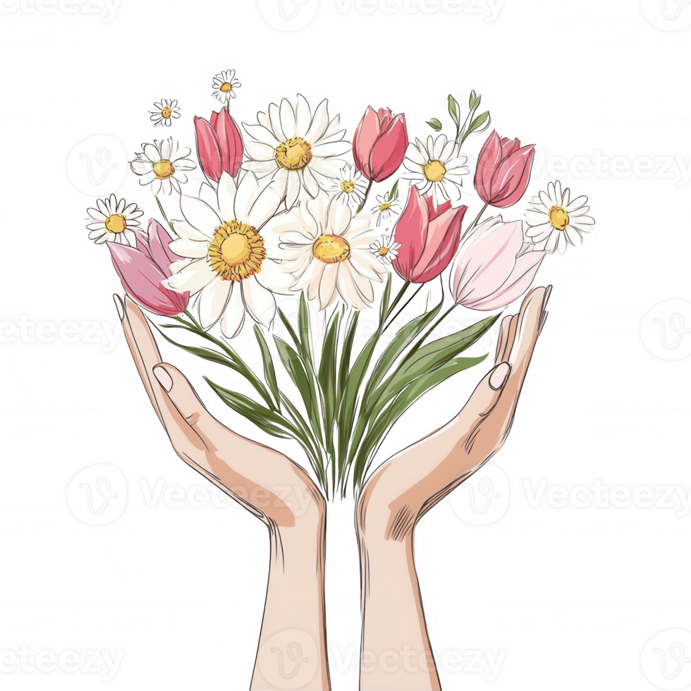 A pair of hands gently holding a vibrant bouquet of mixed flowers, including daisies and tulips, against a white background, symbolizing growth and care. png