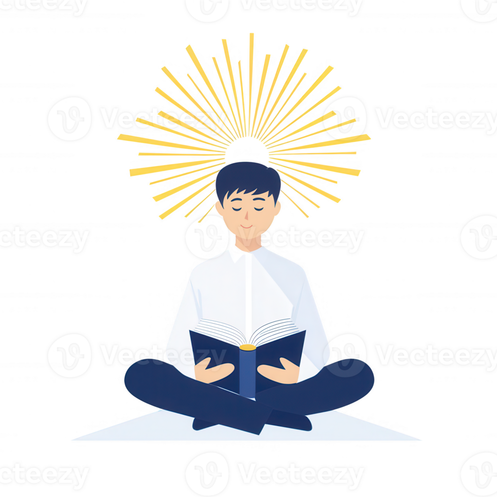 A serene young man in a meditative pose, reading a book, surrounded by a radiant halo, symbolizing enlightenment and wisdom. png