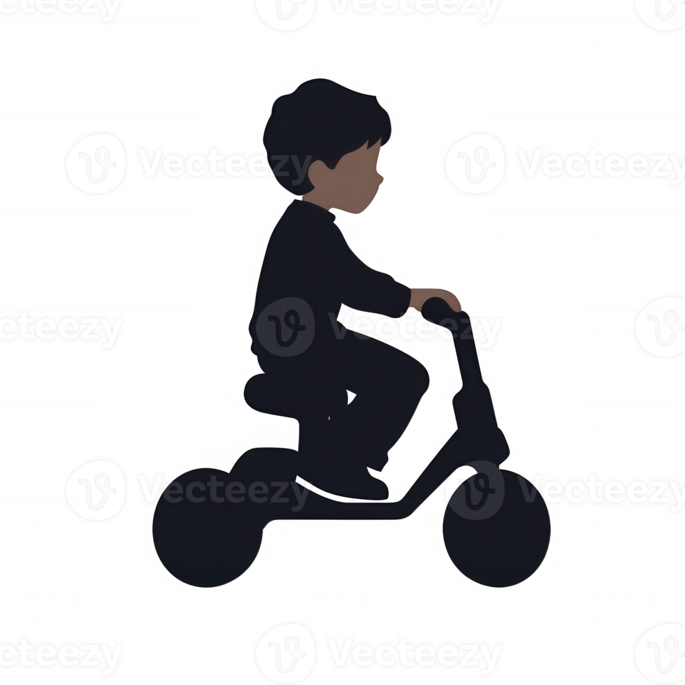 A silhouette of a child riding a scooter, showcasing playfulness and outdoor activities. Ideal for representing childhood, fun, and movement in various creative projects. png