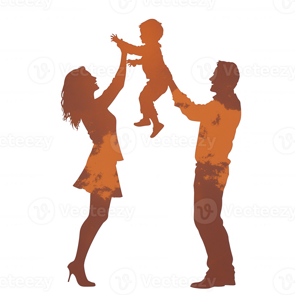 A silhouette of a happy family, a mother and father lifting their joyful child in the air against a vibrant background, symbolizing love and togetherness. png