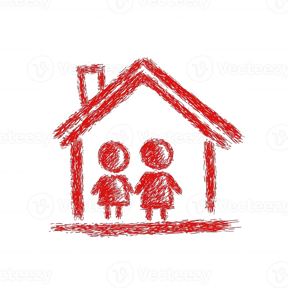 A simple illustration of two figures standing in front of a house, symbolizing family and home. The drawing is done in bold red strokes on a black background. png