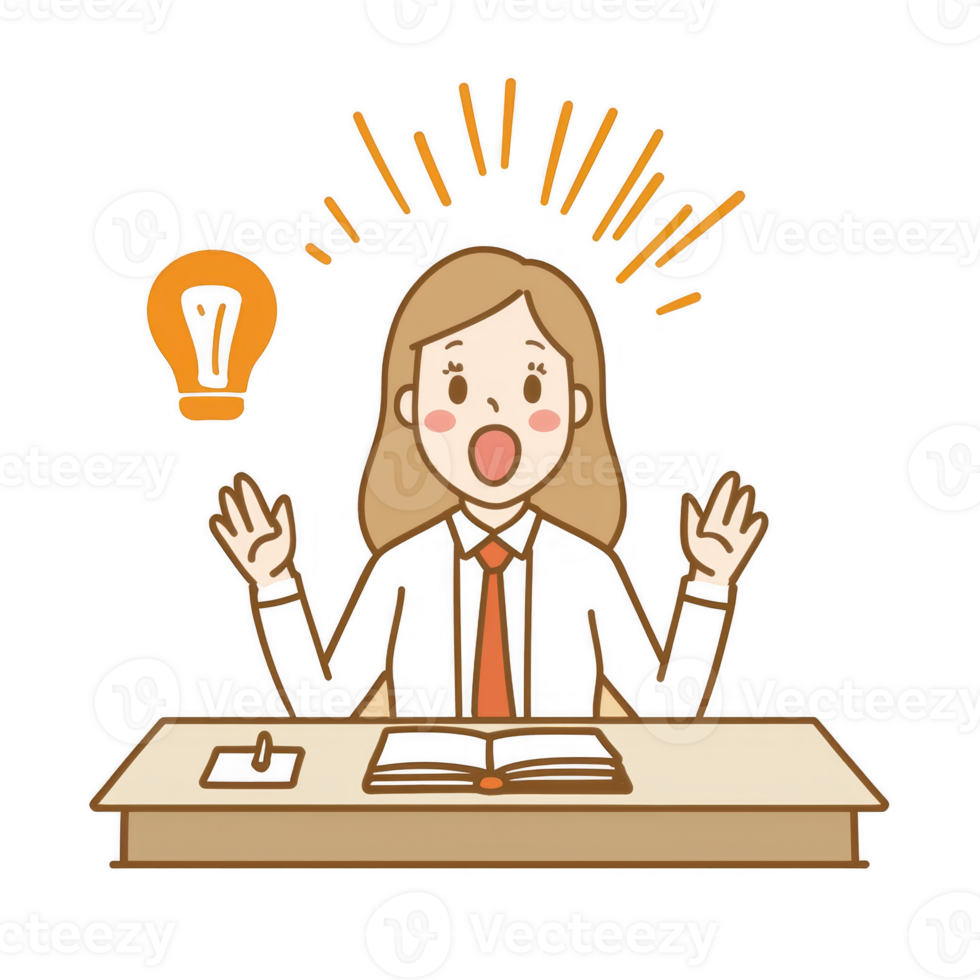 A surprised woman with a lightbulb above her head, representing a brilliant idea at a desk, white isolated background. png