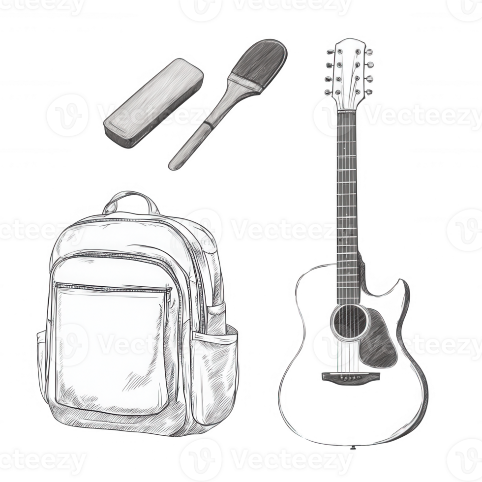 A sketch of a backpack, guitar, cleaning brush, and a capo, laid out on a white isolated background, showcasing musical and artistic equipment for leisure activities. png