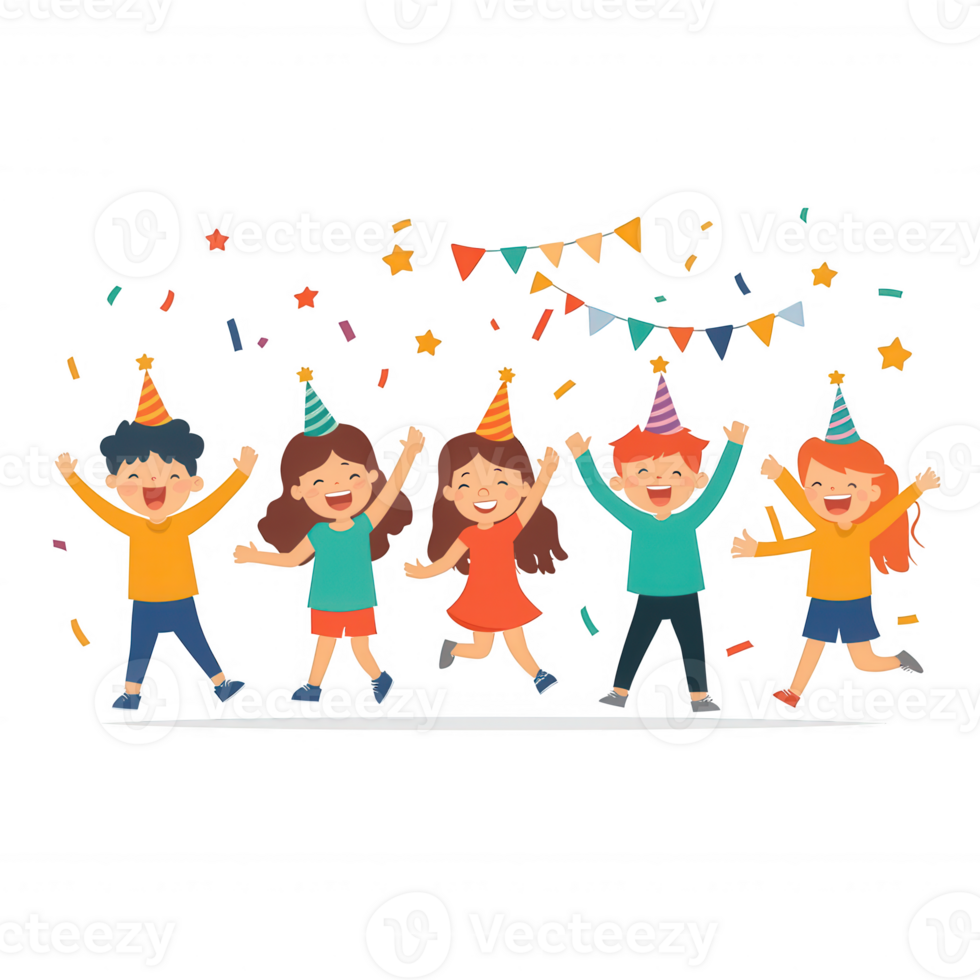 A vibrant celebration scene with joyful children dressed in colorful outfits, wearing party hats, surrounded by confetti and festive decorations. Perfect for party themes. png