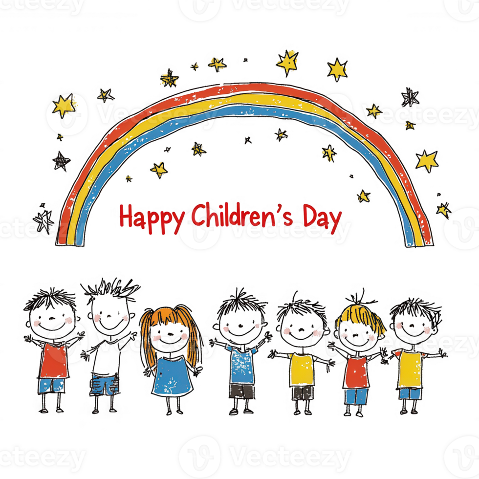A vibrant illustration celebrating Children's Day with diverse children smiling under a rainbow, conveying joy and unity in a colorful, whimsical design. png