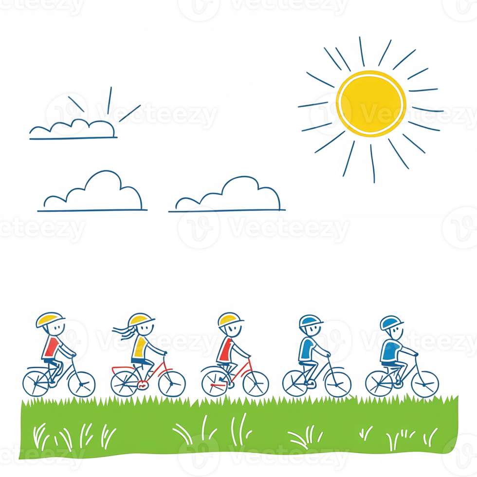 A vibrant illustration of children riding bicycles under a sunny sky, showcasing a fun outdoor activity that promotes fitness and enjoyment in nature. png