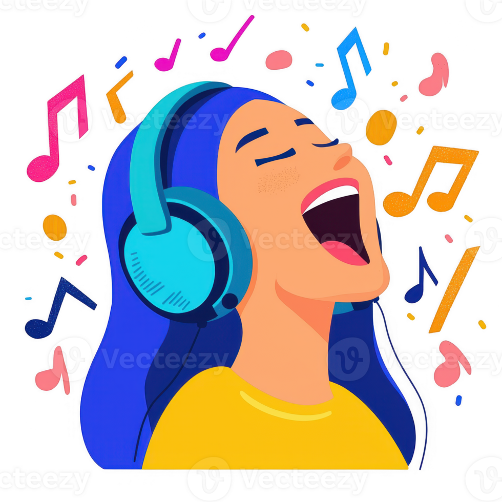 A vibrant illustration of a young woman wearing headphones, joyfully singing with colorful musical notes surrounding her, embodying the joy of music and self-expression. png