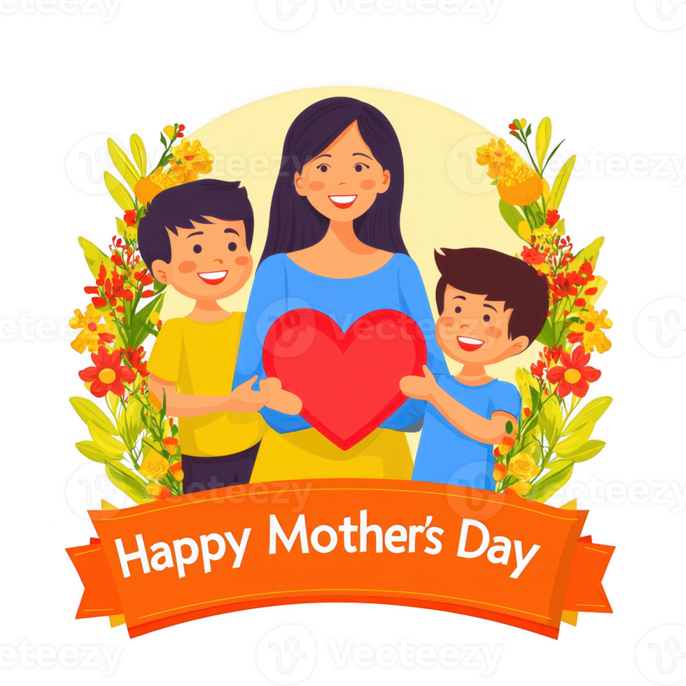 A vibrant illustration celebrating Mother's Day, featuring a mother and her two children holding a heart, surrounded by colorful flowers and a festive ribbon. png