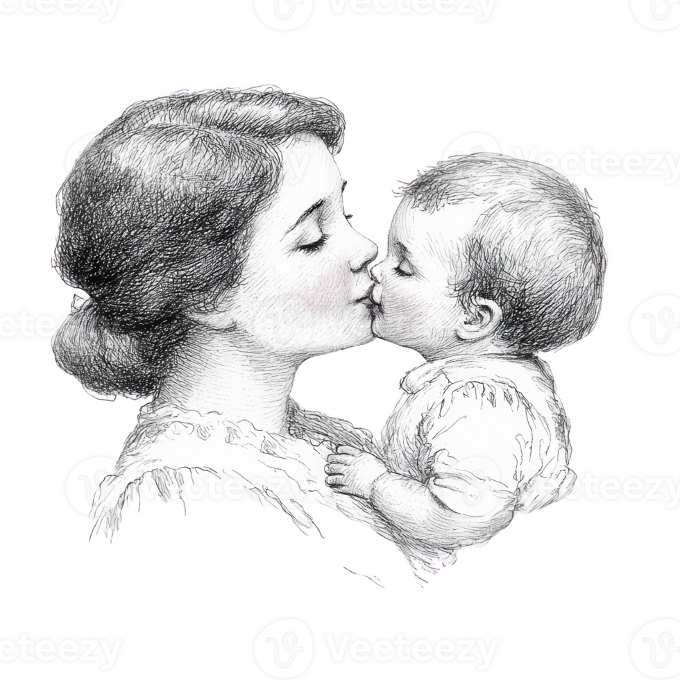 A tender moment captured between a mother and her baby, depicted in an artistic sketch style, showcasing the love and connection shared in a heartwarming embrace. png
