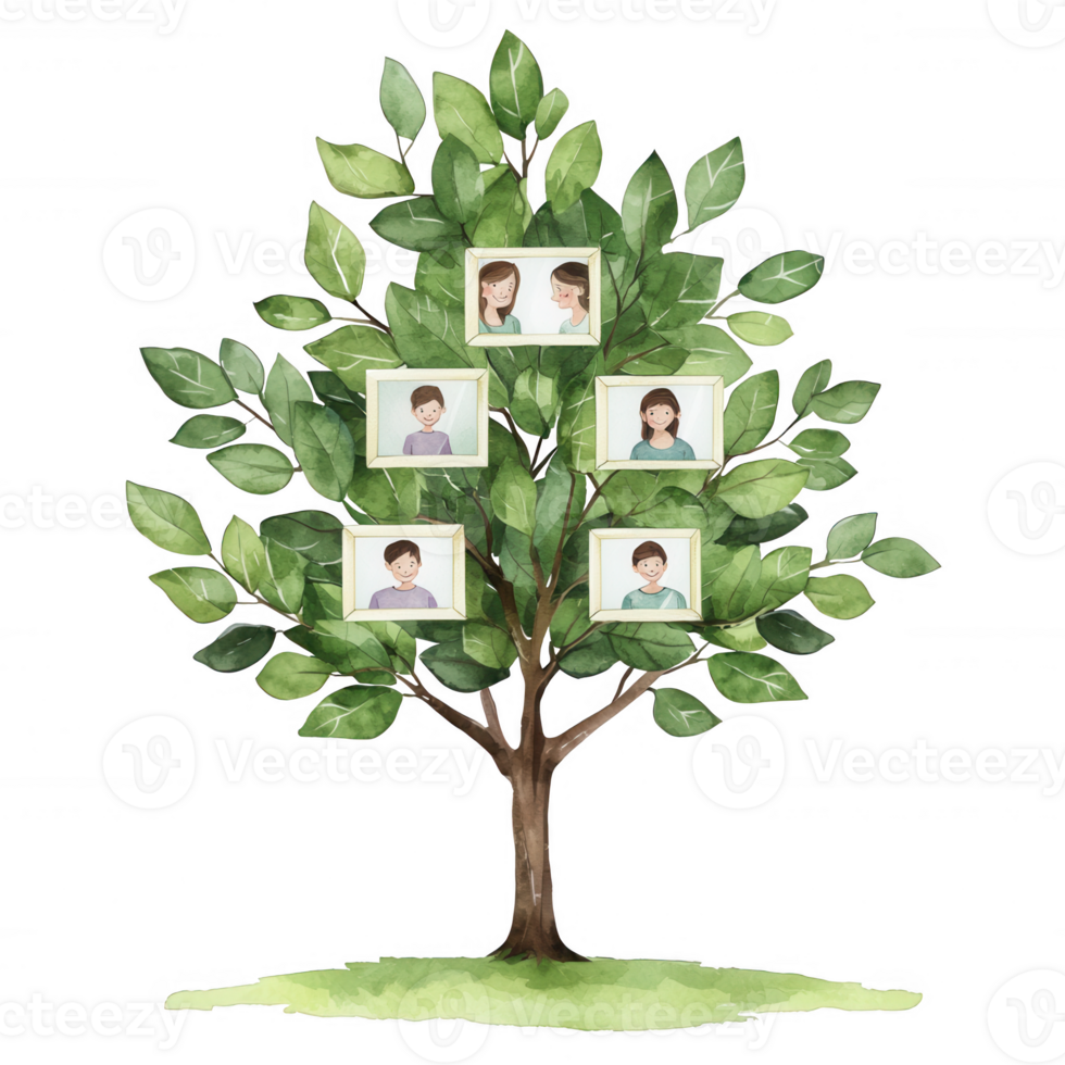 A visually engaging family tree illustration featuring multiple branches and framed portraits, symbolizing family heritage and connections against a white background. png