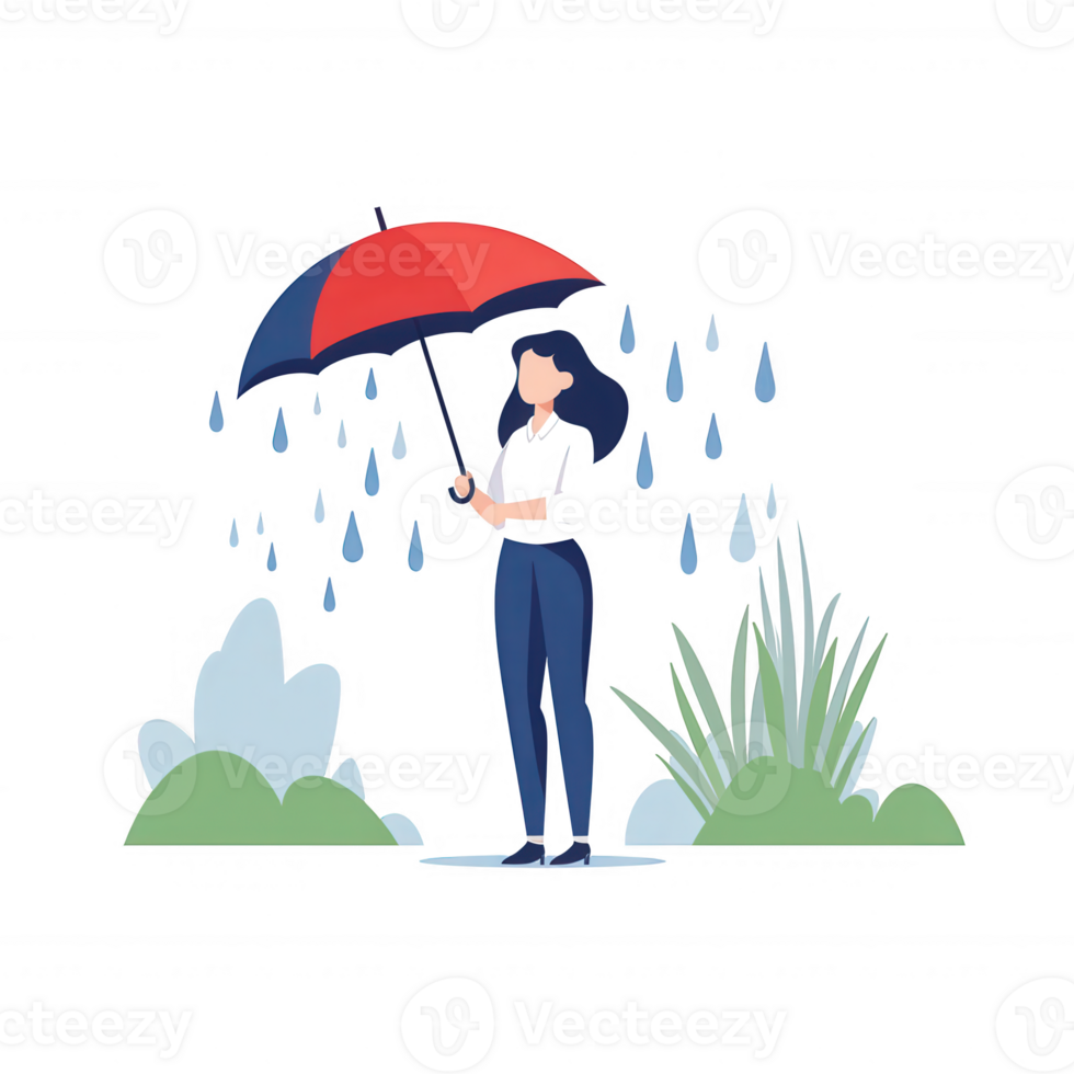 A woman stands under an umbrella amidst rain, surrounded by greenery, evoking feelings of calm and peace. The illustration captures the essence of enjoying nature in wet weather. png