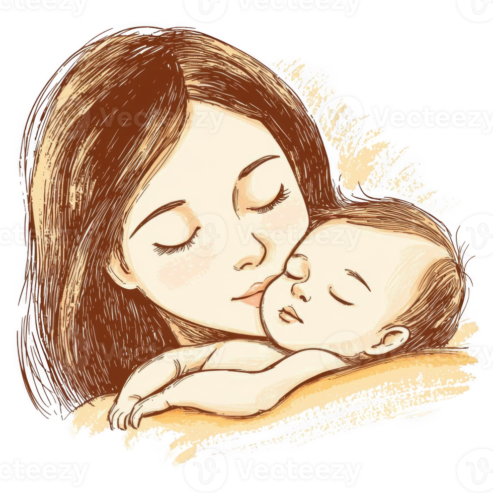 A tender moment between a mother and her baby, showcasing love and affection. The mother gently kisses her sleeping child, highlighting the bond of motherhood. png