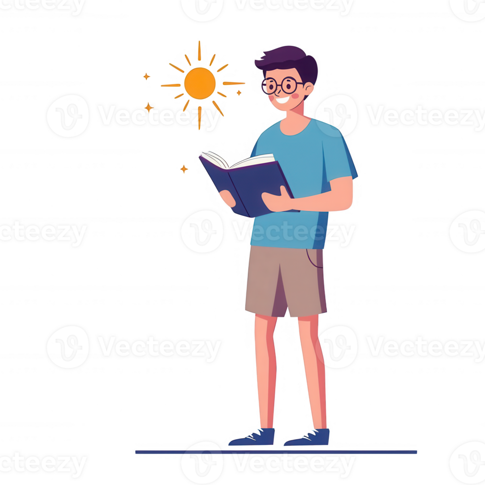 A young boy reading a book outdoors, enjoying the sunlight. His casual outfit and glasses add to a relaxed, joyful atmosphere, encouraging a love for reading in nature. png