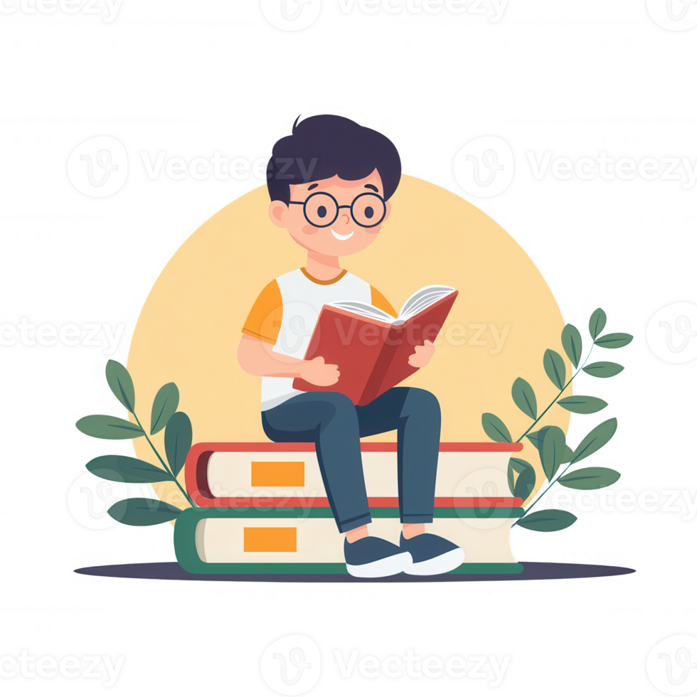 A young boy joyfully reading a book while seated on two stacks of books, surrounded by green leaves, against a soft, circular background. png