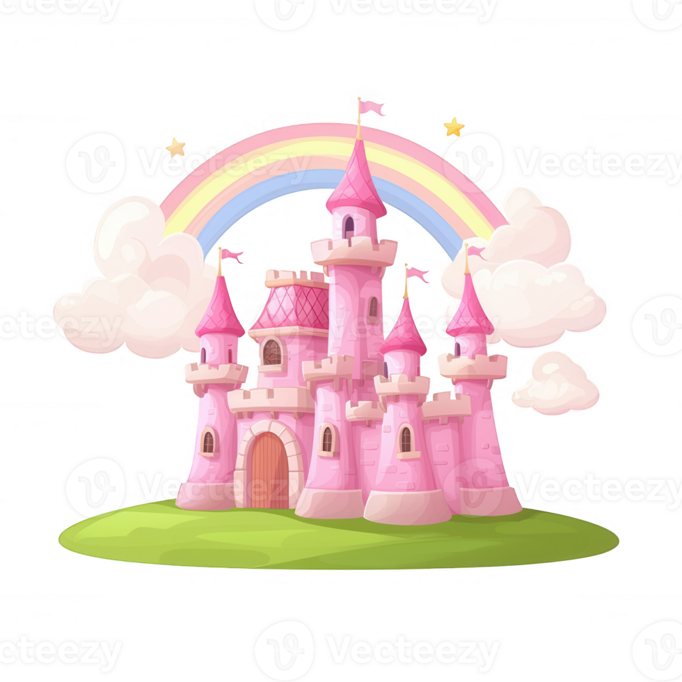 A whimsical pink castle surrounded by fluffy clouds and a vibrant rainbow, set on green grass. Perfect for fantasy-themed projects and decorative designs. png