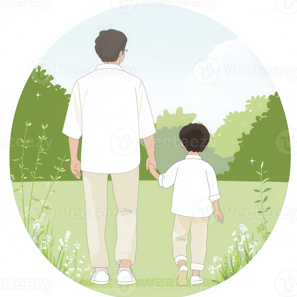 A warm moment sharing between a parent and child in a lush green setting, symbolizing love and connection as they walk together hand in hand. png
