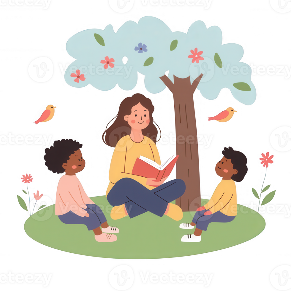 A woman reads a book to two children sitting on the grass under a tree adorned with flowers and birds, capturing a warm and joyful moment of storytelling in nature. png