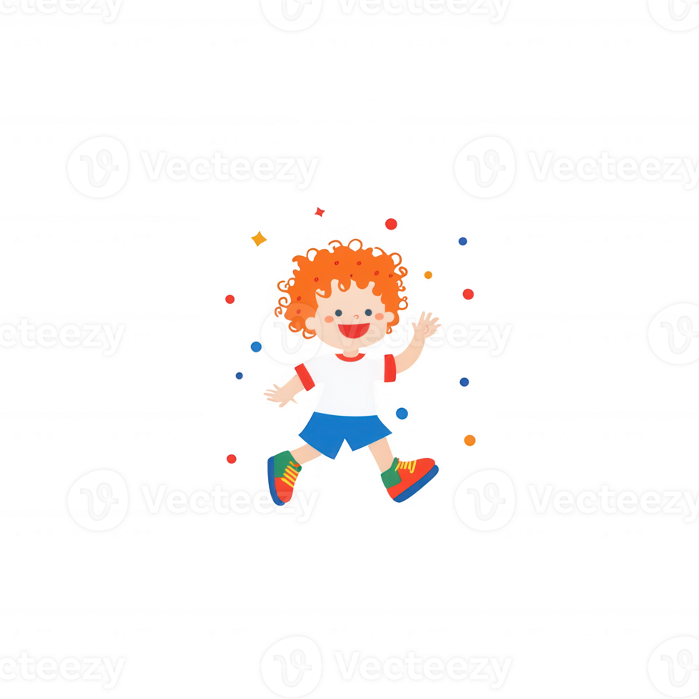 An animated child with curly orange hair joyfully playing, surrounded by colorful dots, on a white isolated background. png