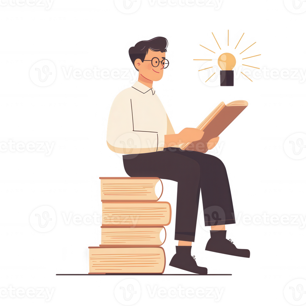 A young man reading a book while sitting on a stack of books, illuminated by a light bulb above. Represents knowledge, learning, and inspiration in a cozy setting. png