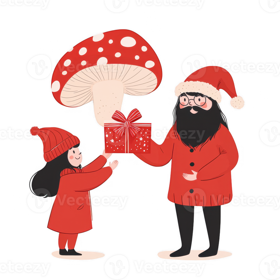 A whimsical illustration of a bearded man in a Santa hat giving a gift to a girl under a large mushroom. The scene is colorful and playful, perfect for holiday-themed designs. png
