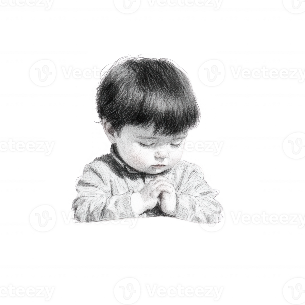 A young child with closed eyes, hands clasped in a prayerful posture, exuding innocence and tranquility, captured in a detailed monochrome illustration on a white background. png
