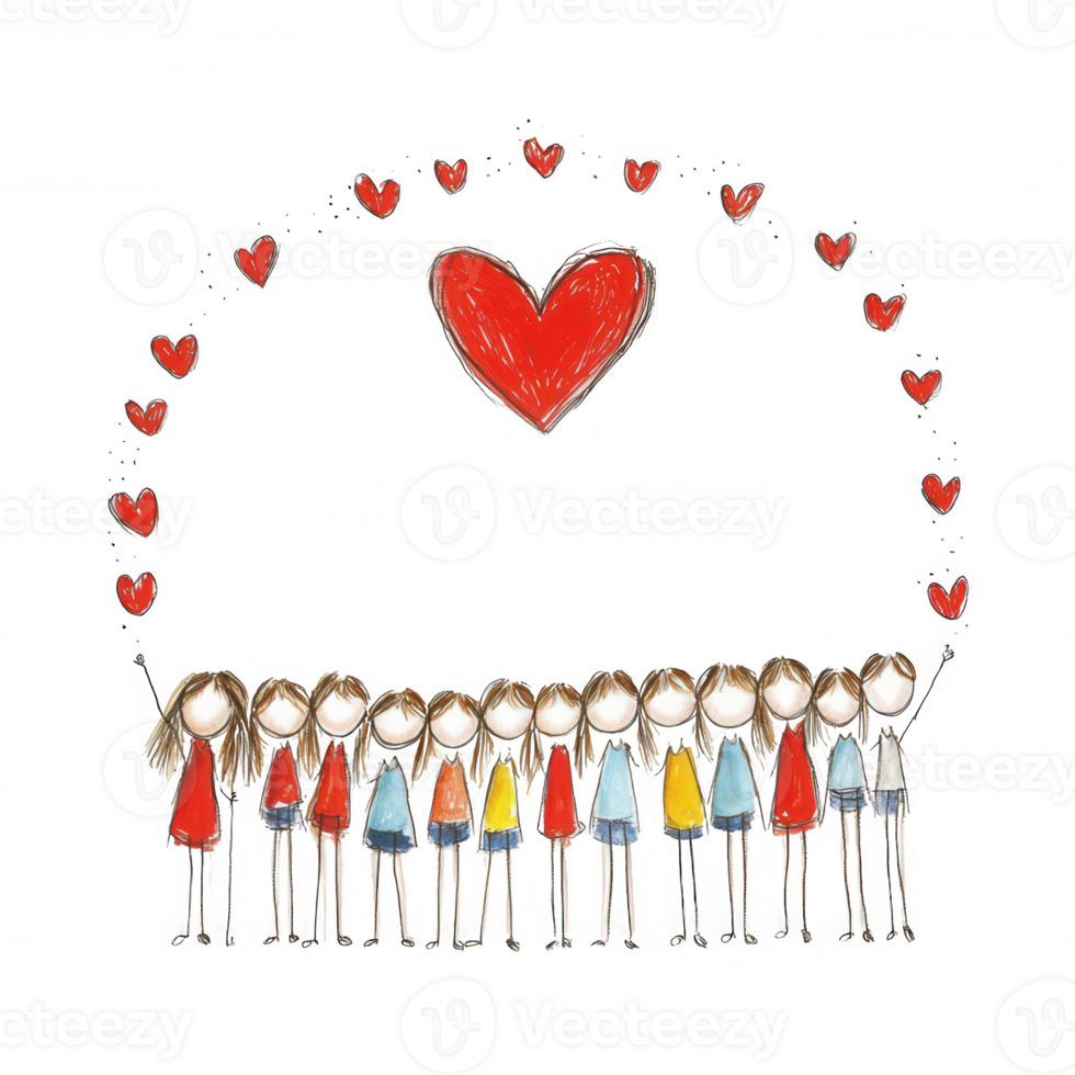 A whimsical illustration of diverse characters standing together under a heart arch, symbolizing unity and love. Colorful and cheerful, perfect for various themed projects. png