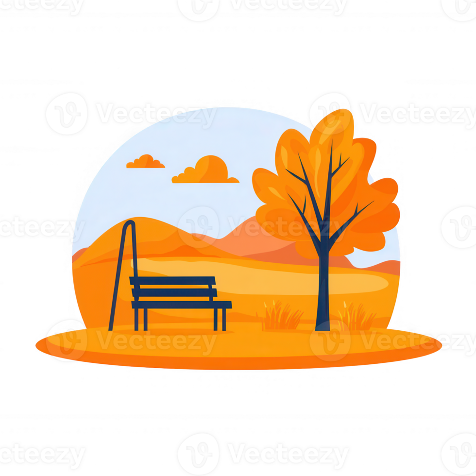 An idyllic autumn scene featuring a bench under an orange tree, surrounded by rolling hills and a clear sky, perfect for relaxation and enjoying nature's beauty. png