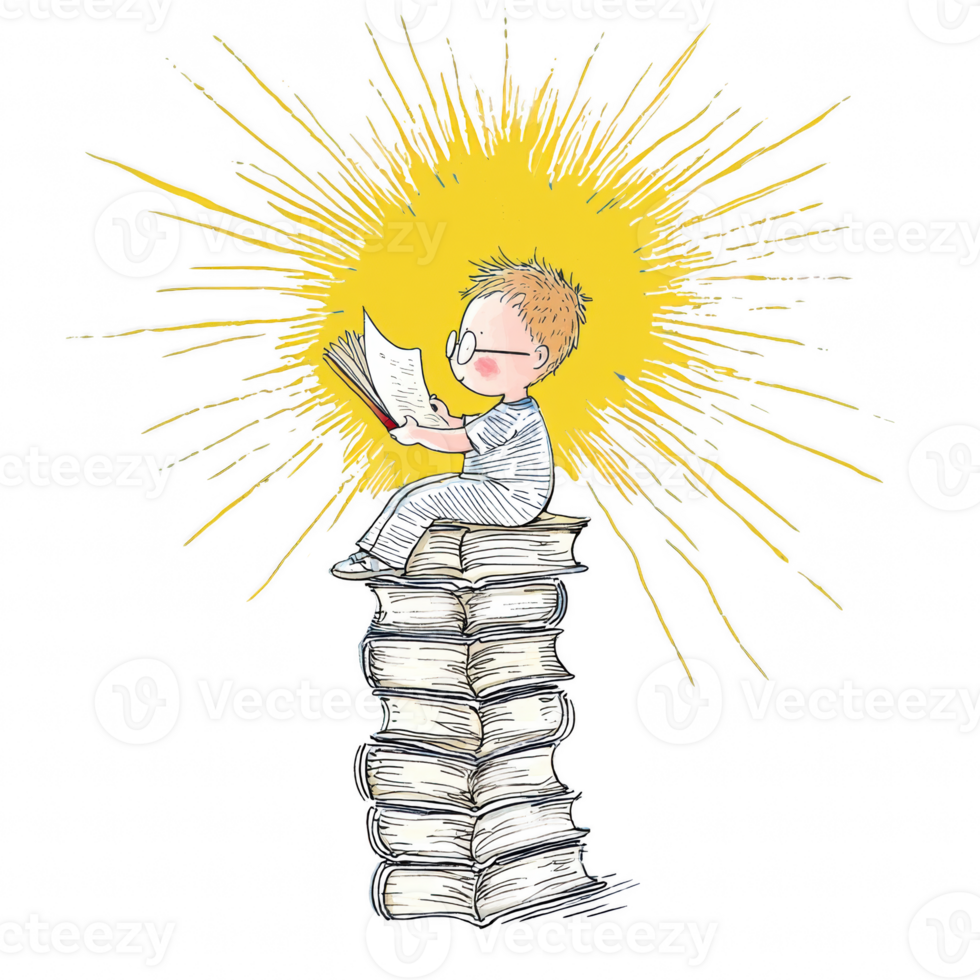 A young boy sitting on a stack of books, immersed in reading, surrounded by a burst of light symbolizing imagination and knowledge, on a white isolated background. png