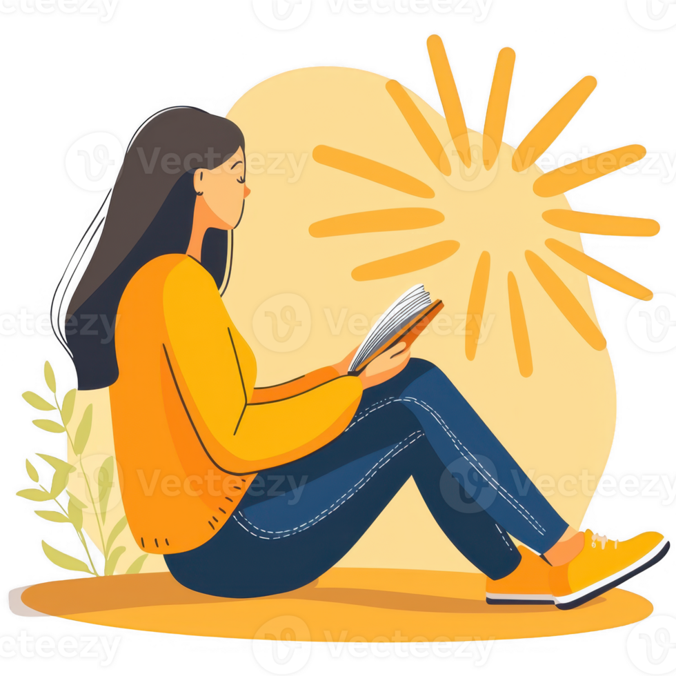 A young woman sitting peacefully, reading a book, with sun rays shining in a serene environment, featuring soft colors and a relaxed atmosphere. png