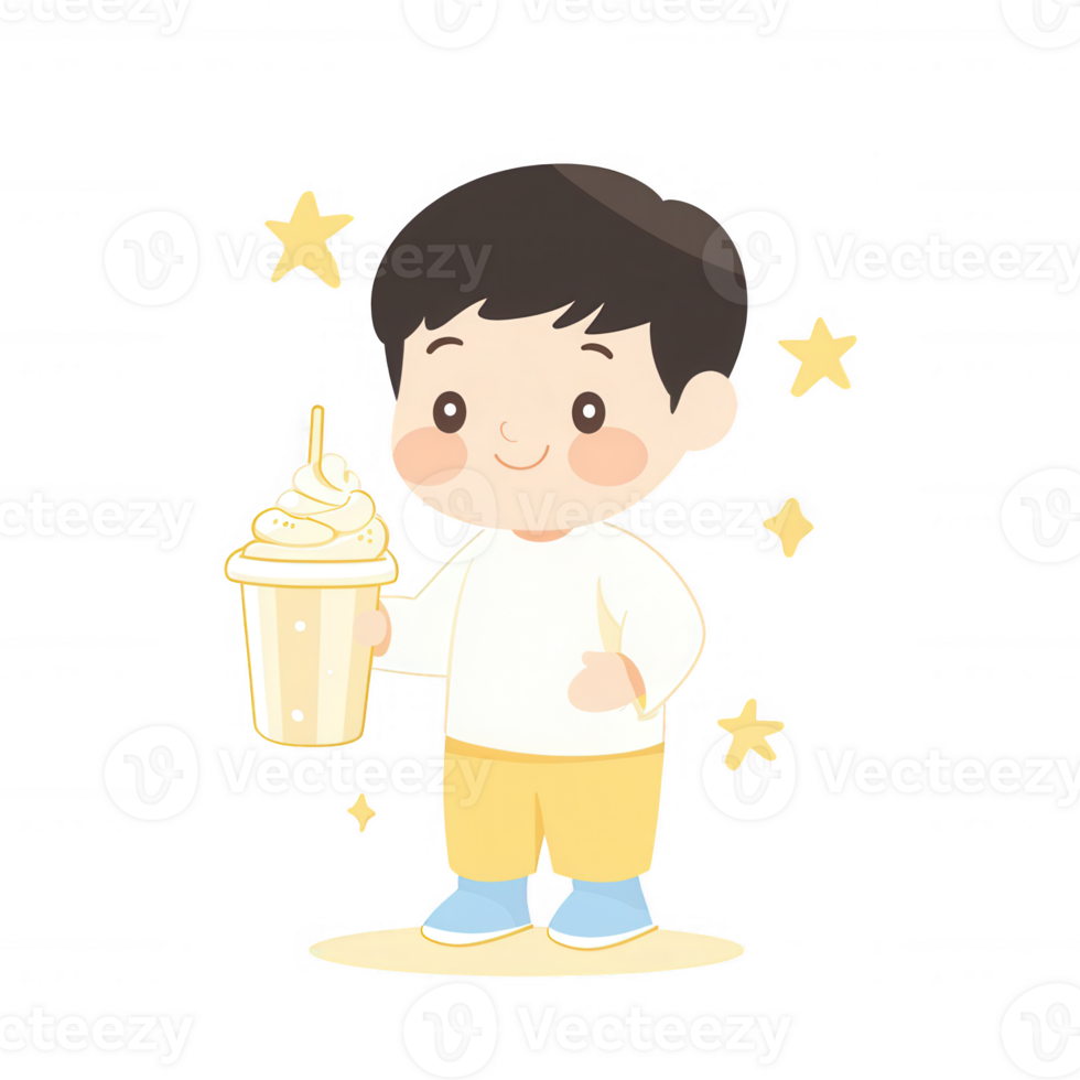 Cheerful child holding a delicious ice cream beverage surrounded by playful stars, perfect for illustrating joy and childhood fun. png