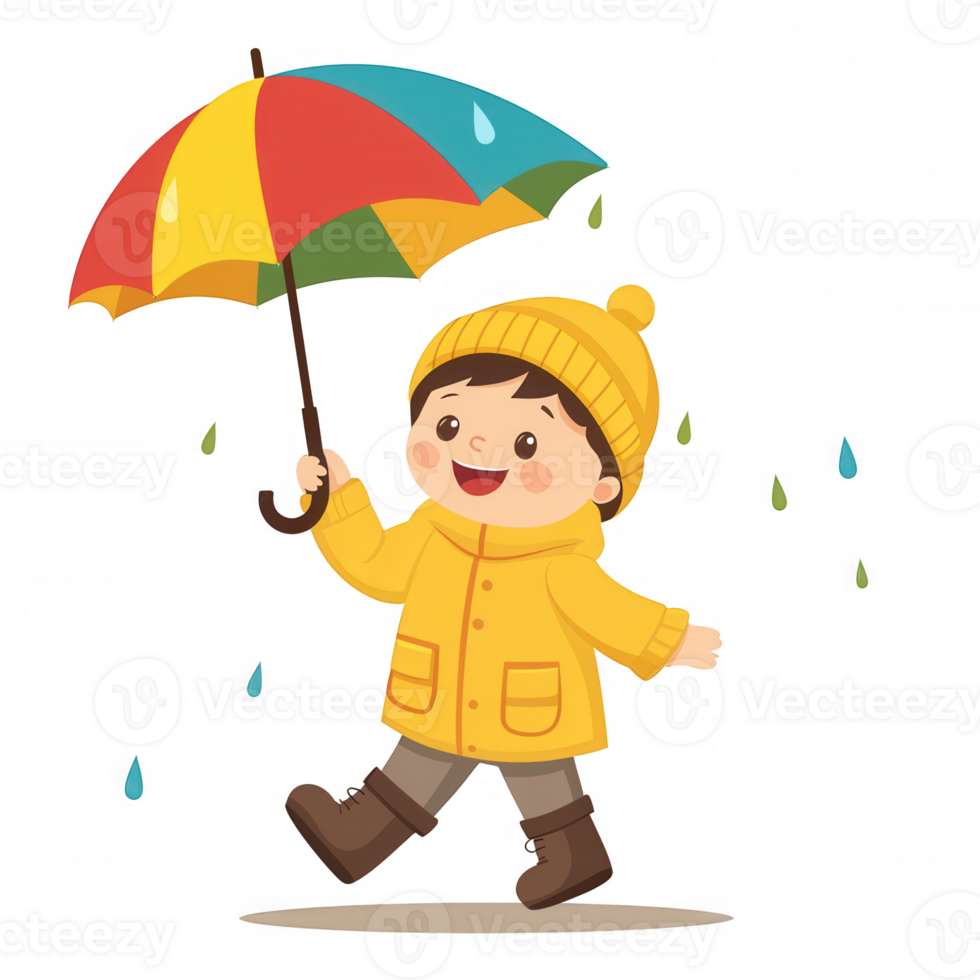 Cheerful child in a yellow raincoat and hat, holding a colorful umbrella while walking through a light rain. Perfect illustration for joy and playfulness in rainy weather. png