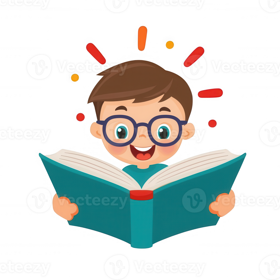 Cheerful child reads a colorful book, displaying excitement and joy. Bright colors and expressive face enhance the feeling of wonder and curiosity in learning. png