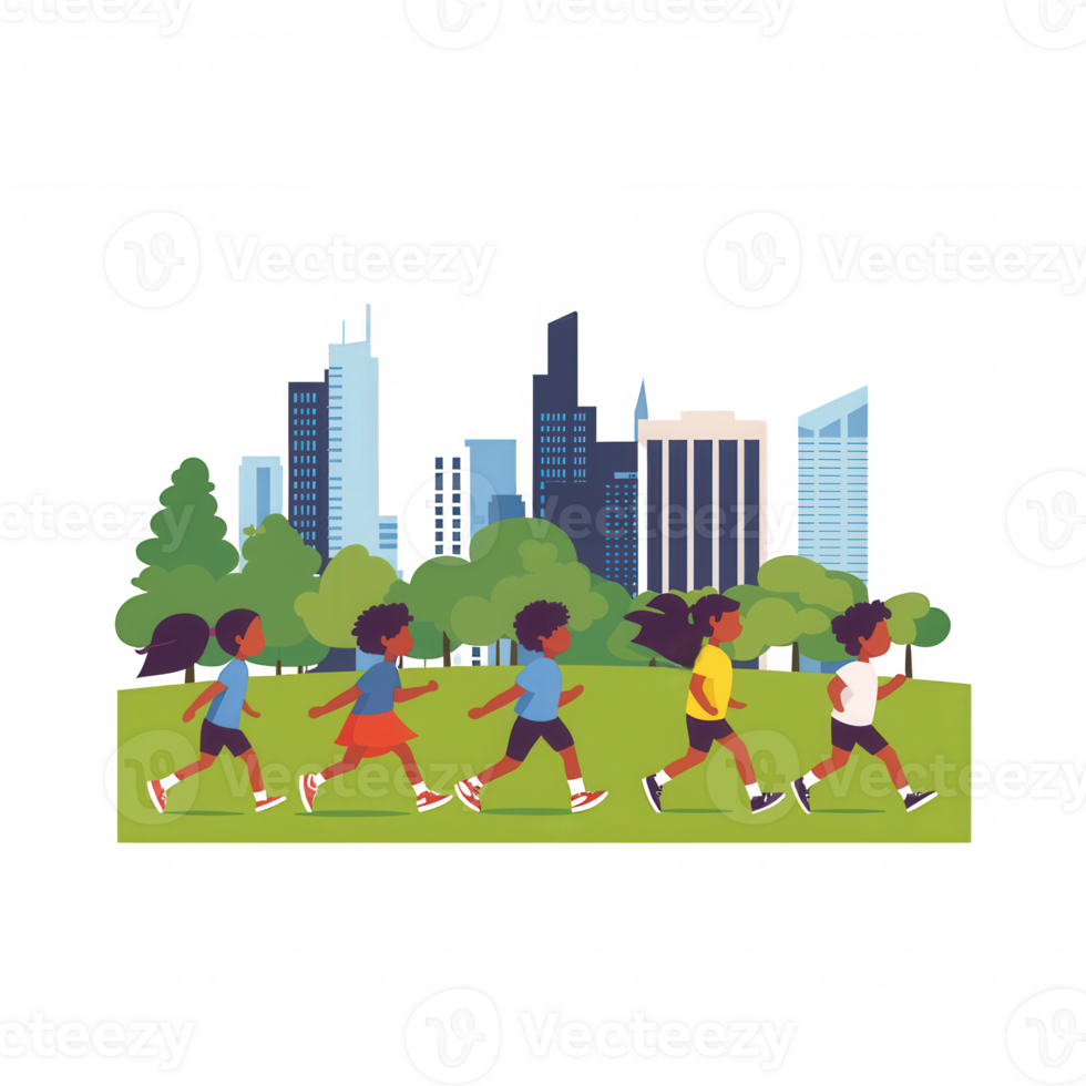 Children jogging in a vibrant city park with skyscrapers in the background. They exhibit joy and energy, promoting an active lifestyle amidst urban greenery. png