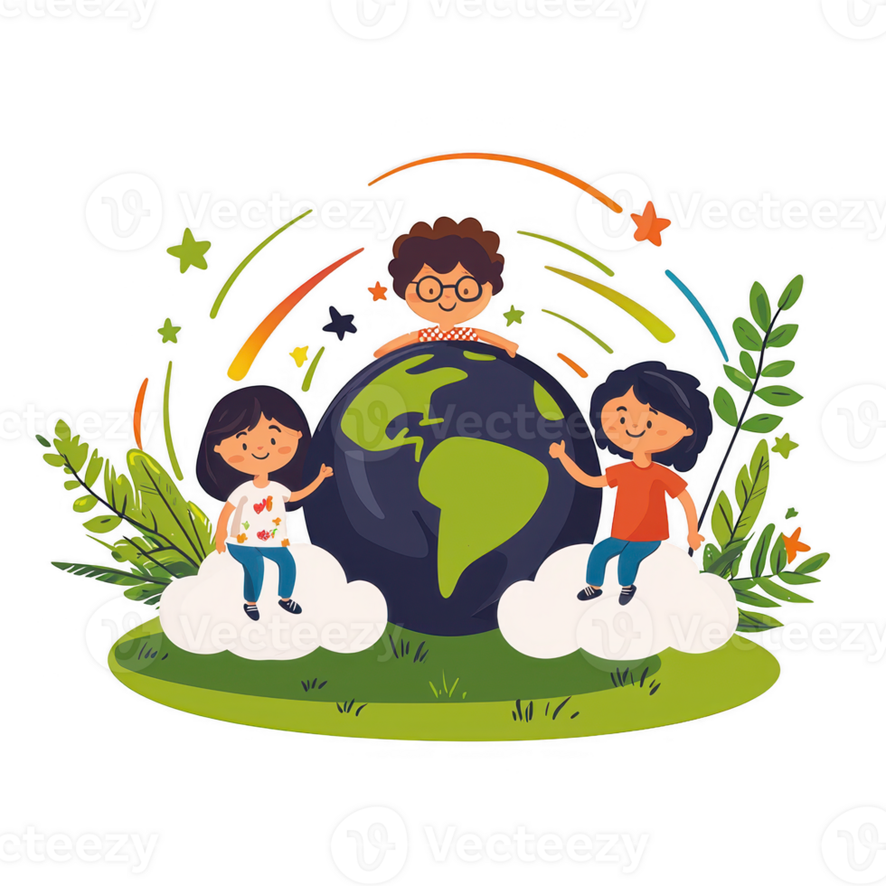 Children engaging with the world, surrounded by clouds and greenery, symbolizing unity and care for the environment. png