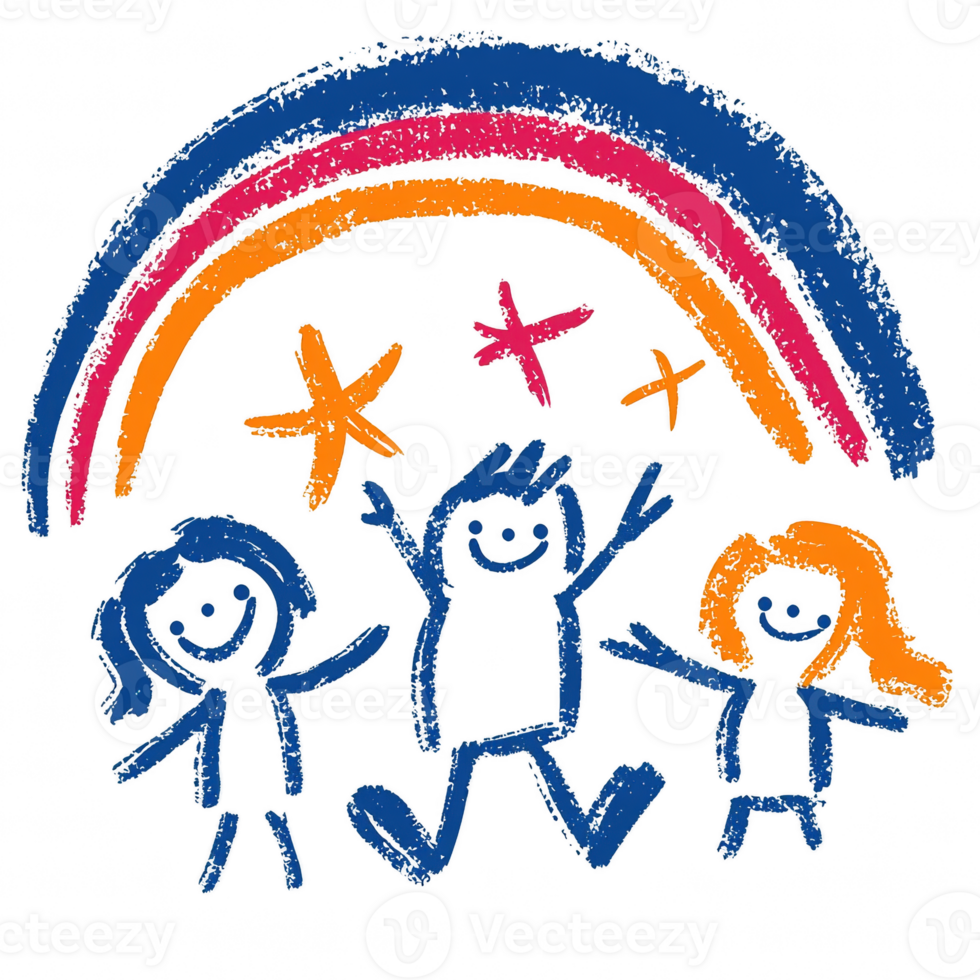 Childlike drawing of three happy figures under a colorful rainbow, celebrating joy and friendship. Ideal for children's themes or positivity concepts. png