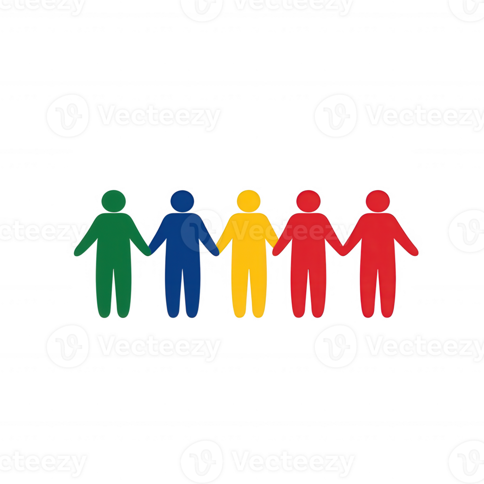 Colorful figures holding hands, symbolizing unity and diversity, isolated on a white background. png