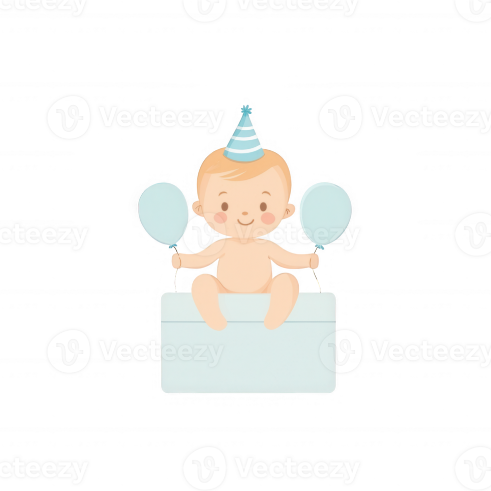 Cute baby sitting in a box, wearing a birthday hat and holding balloons. Perfect for celebrations and party themes, adding joy and cheer to any festive occasion. png