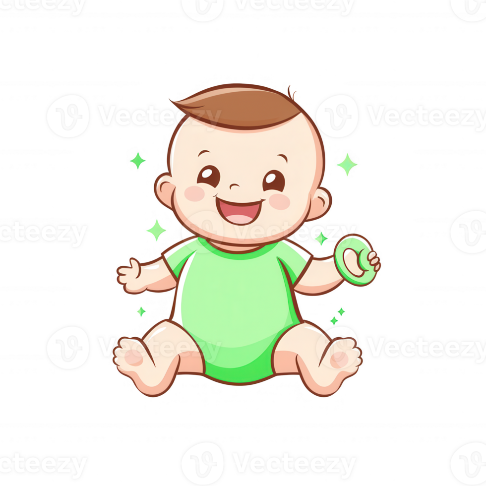 Cute baby sitting happily, wearing a green onesie, holding a pacifier with a joyful expression, surrounded by sparkling effects, perfect for family, parenting, or childcare themes. png